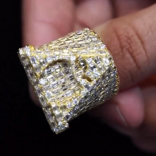 6ct Emerald Cut White Sapphire Paved Shank Men's Ring in Gold-JEWELBUYS