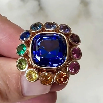 7.53 Ctw Cushion Cut Blue Gemstone and Mixed Color Sapphire Ring-JEWELBUYS