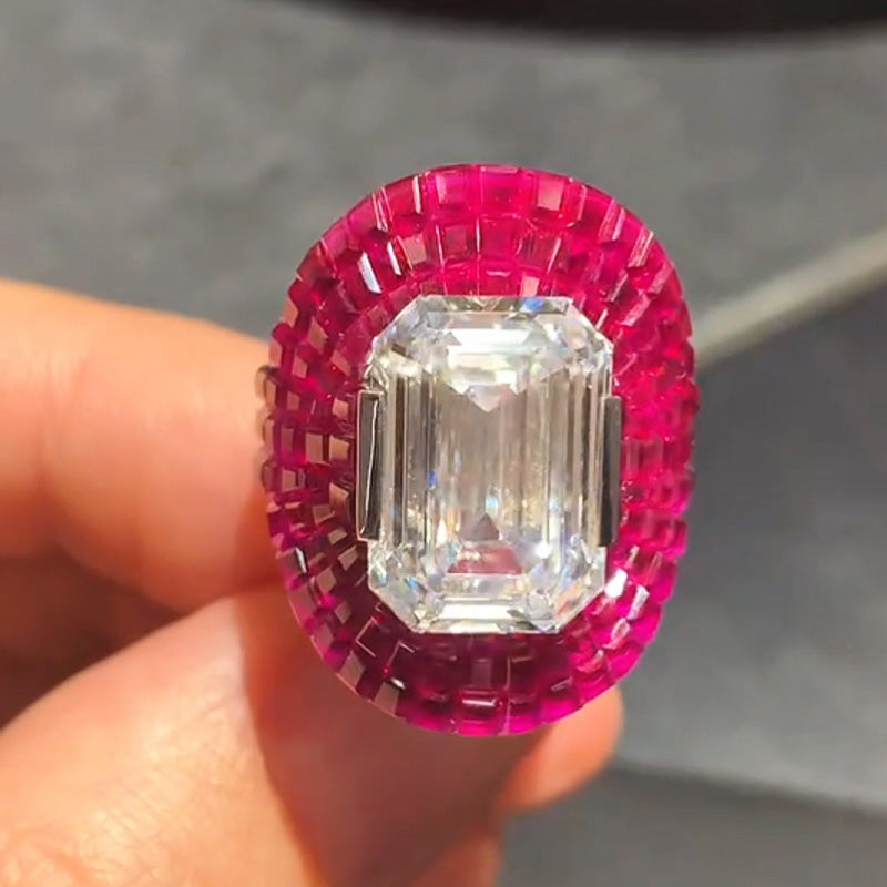 16 Ctw White Emerald Cut diamond Surrounded by Red Pavé Halo Ring - JEWELBUYS
