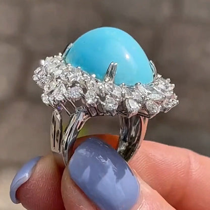 5.83Ctw Cabochon Blue Turquoise and White Sapphire Ring-JEWELBUYS