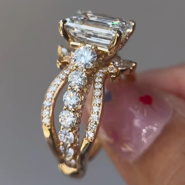 4.0Ctw Brilliant Emerald-Cut Sapphire Vintage Scroll Stacked Ring-JEWELBUYS