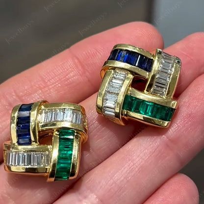 4ctw Baguette Cut Blue and Green Sapphire Braided Earrings-JEWELBUYS