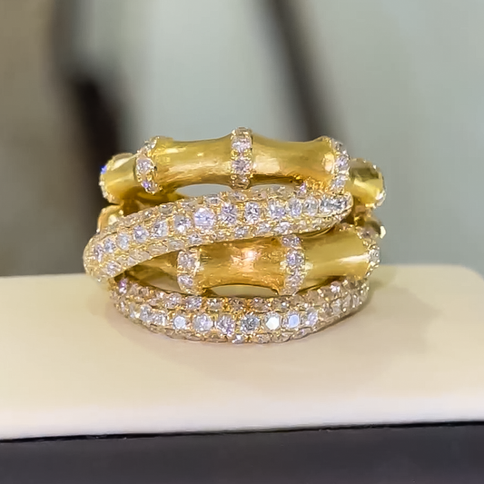 Exquisite 1 ctw Round Cut White Gemstone Bamboo Ring -JEWELBUYS