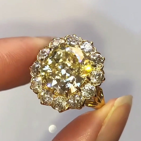 7.8ctw Light Yellow Old Cut Cushion Cut Gemstone Cluster Setting Ring-JEWELBUYS