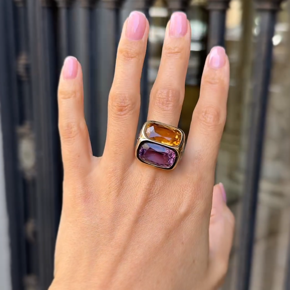 Unique 12 ctw Cushion Cut Blue & Purple & Yellow Gemstone Two Stone Cocktail Ring -JEWELBUYS