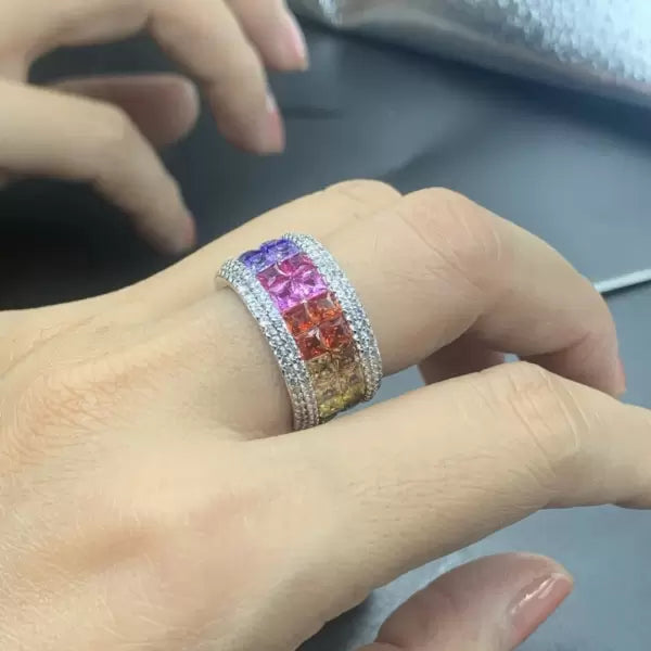 6.2ctw Rainbow Multi Color Sapphire Princess Cut Ring-JEWELBUYS