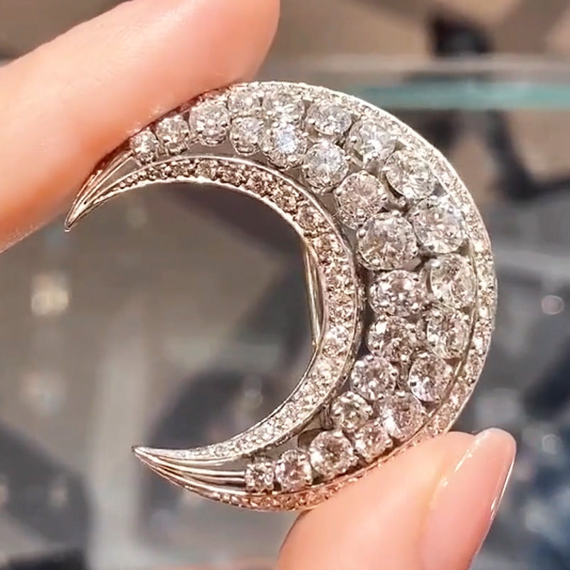 9.02ctw Old Cut White Sapphire Crescent Brooch-JEWELBUYS