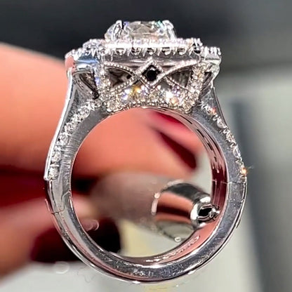 6.2Ctw Round Cut Black and White Sapphire Square Halo Engagement Ring-JEWELBUYS