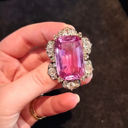 15Ctw Emerald-cut Pink Morganite Vintage Brooch-JEWELBUYS