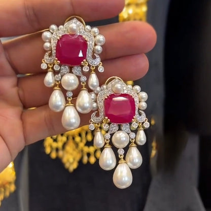 6.36Ctw cushion-cut ruby and pearl pendant earrings-JEWELBUYS