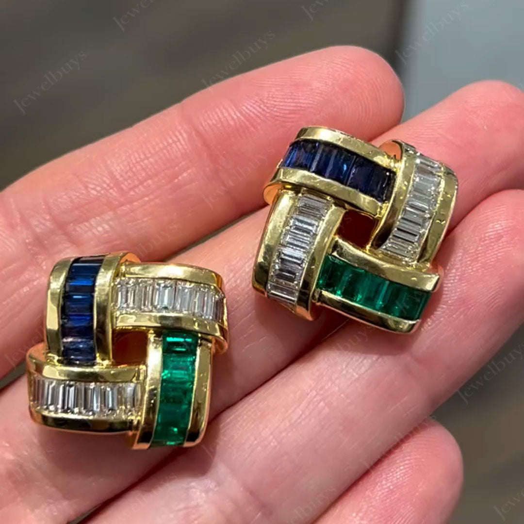 4ctw Baguette Cut Blue and Green Sapphire Braided Earrings-JEWELBUYS