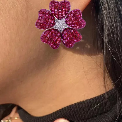 17ctw Invisible Set Princess Cut Ruby Sapphire Flower Earrings-JEWELBUYS