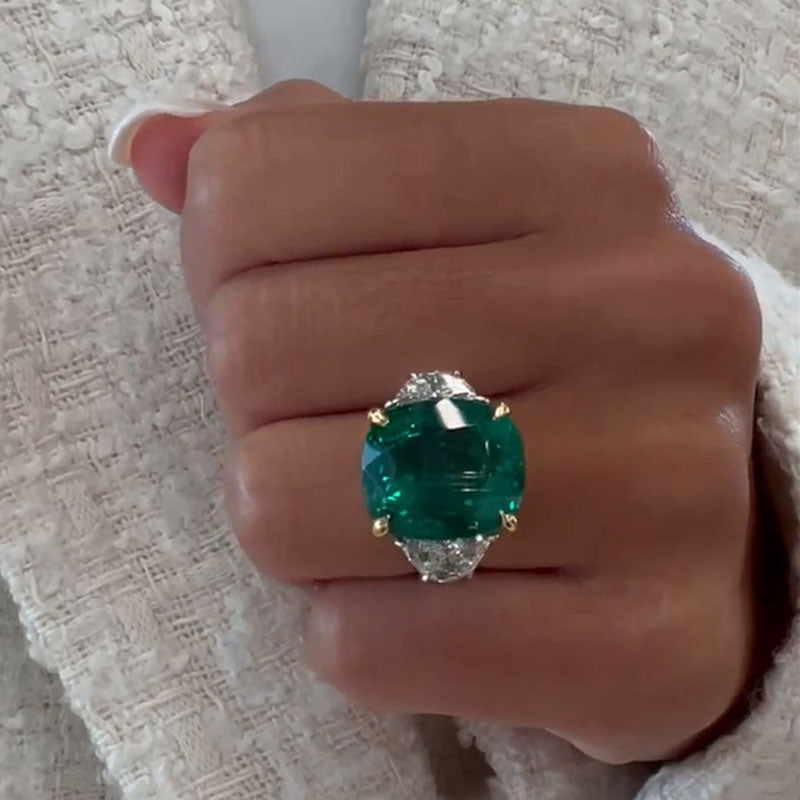 Vintage 13ct Emerald Cut Emerald & White Sapphire Engagement Ring-JEWELBUYS