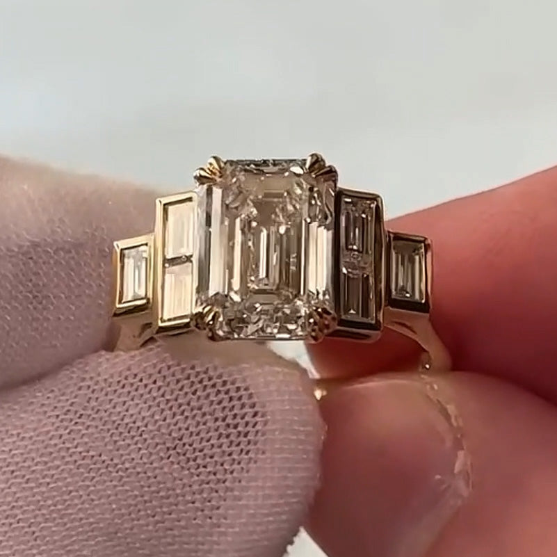 3.5Ctw Emerald Cut Baguette Side Stone Step Engagement Ring-JEWELBUYS