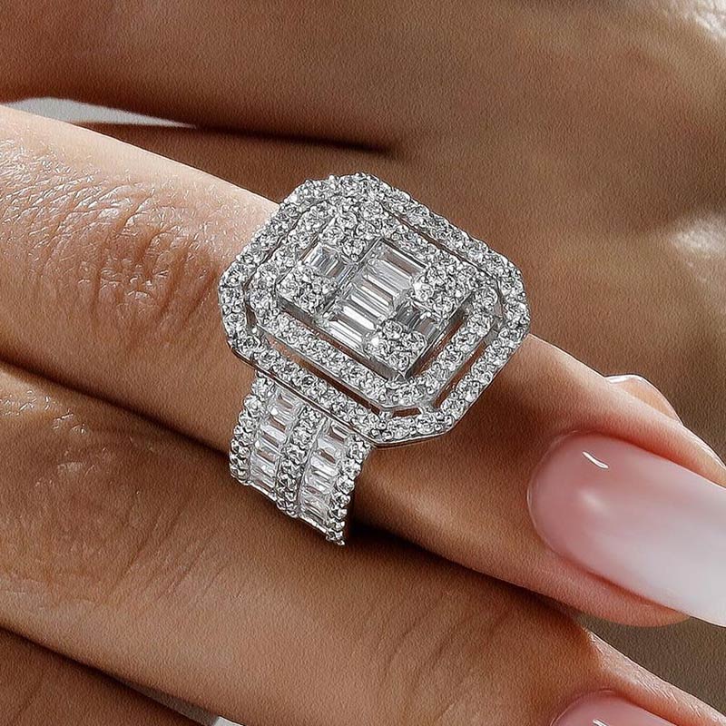 5.58ctw Radiant & Baguette Cut Wide Shank Halo Ring -JEWELBUYS
