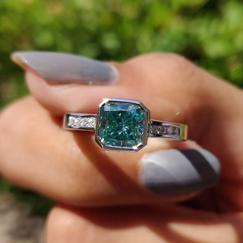 1.5Ct Cushion Cut Cyan Lab Sapphire Engagement Ring-JEWELBUYS