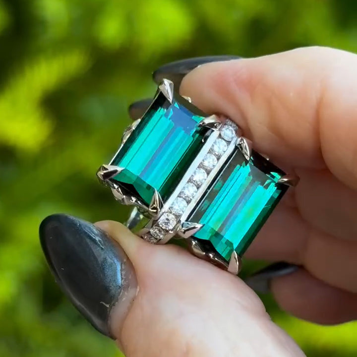 5ctw Emerald Cut Green Tourmaline Double Stone Interesting Ring-JEWELBUYS