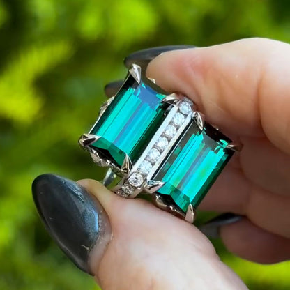 5ctw Emerald Cut Green Tourmaline Double Stone Interesting Ring-JEWELBUYS