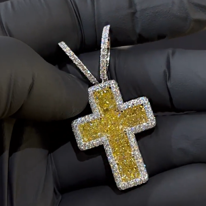 12ct Cushion Cut Yellow Sapphire Hip Hop Cross Pendant - JEWELBUYS