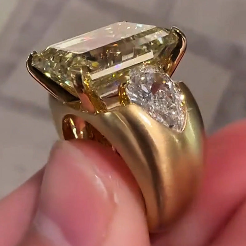 8Ct Emerald and Pear-Cut Three-Stone Yellow Sapphire Engagement Ring-JEWELBUYS