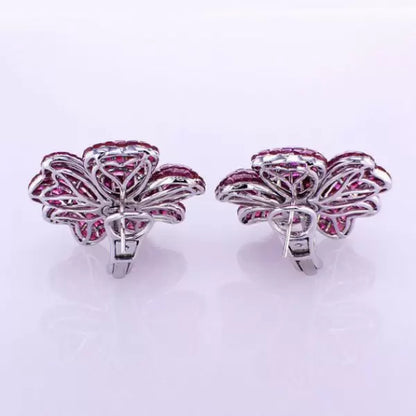 17ctw Invisible Set Princess Cut Ruby Sapphire Flower Earrings-JEWELBUYS