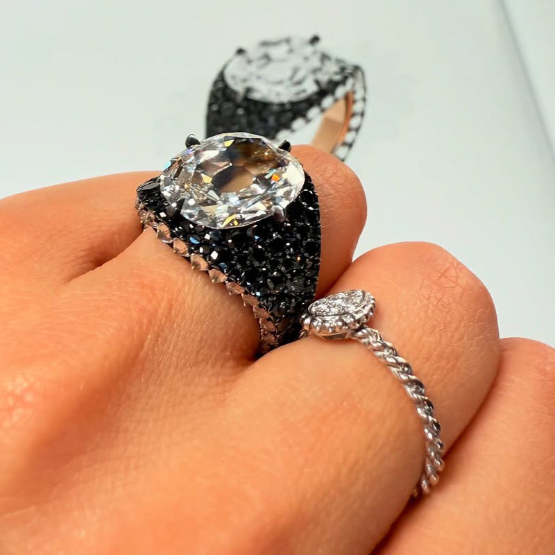 6.36Ct Cushion Cut Black Spinel and White Sapphire Ring-JEWELBUYS