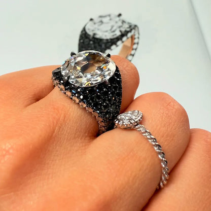 6.36Ct Cushion Cut Black Spinel and White Sapphire Ring-JEWELBUYS