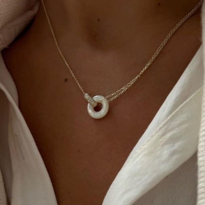 Simple Round Cut White Sapphire Pave Set Pearl Necklace-JEWELBUYS