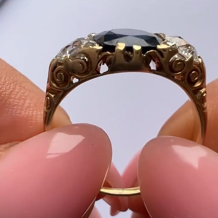 3.35Ctw Victorian-style vintage carved cushion-shaped blue gemstone engagement ring-JEWELBUYS