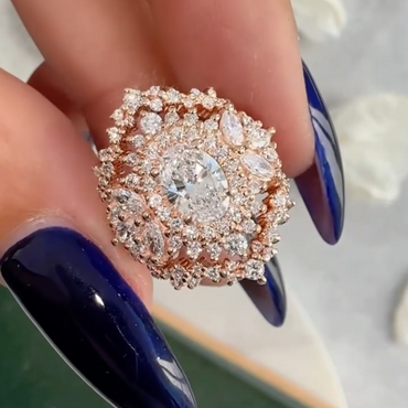 Art Deco Design 6ct Oval Cut White Sapphire with Double Halo Unique Women's Engagement Ring in Rose Gold-JEWELBUYS