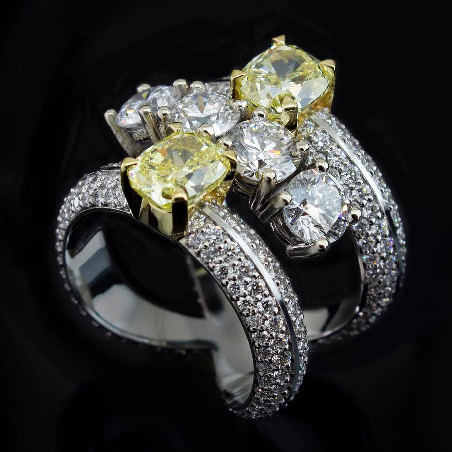 5ct 2 Yellow Cushion Cut and 4 White Round Cut Sapphires Fashion Ring-JEWELBUYS