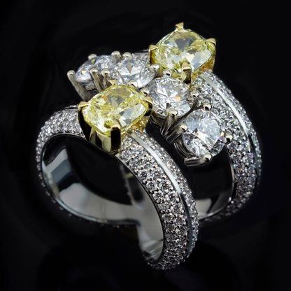 5ct 2 Yellow Cushion Cut and 4 White Round Cut Sapphires Fashion Ring-JEWELBUYS