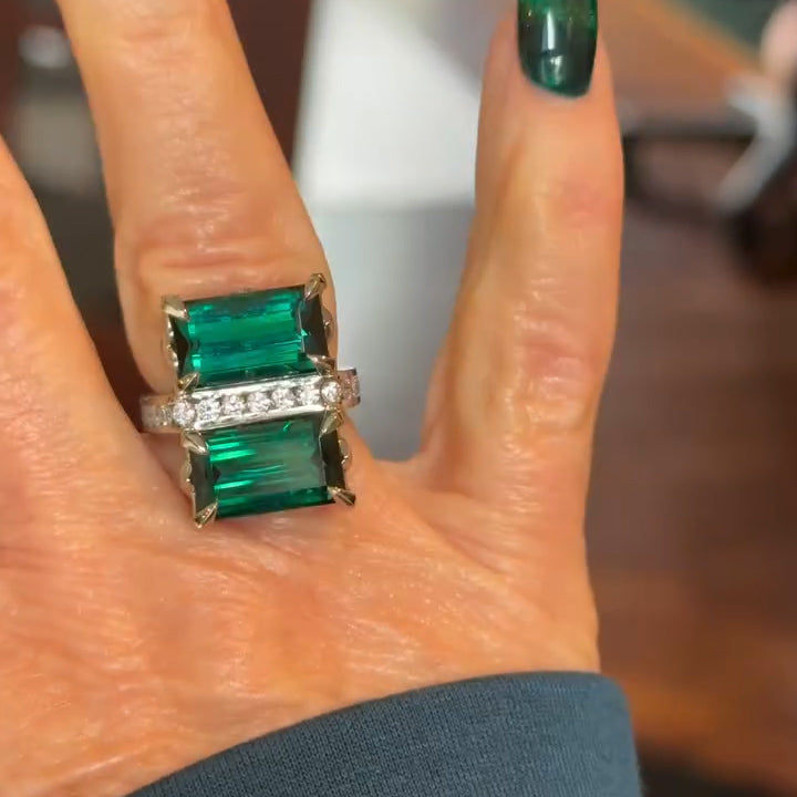 5ctw Emerald Cut Green Tourmaline Double Stone Interesting Ring-JEWELBUYS