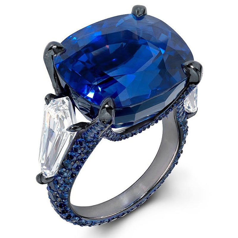 15.58Ctw Exceptional Cushion Cut Blue Sapphire 3-Piece Stacking Ring-JEWELBUYS