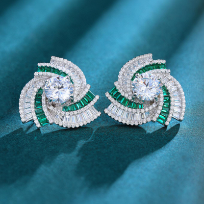 Elegant 8 ctw Round & Baguette Cut White Gemstone & Emerald Swirl Earrings -JEWELBUYS