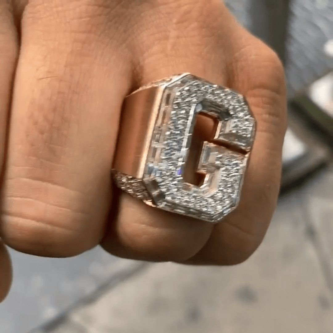 1ct Fashion Round Cut White Sapphire Paved Shank Men's Ring in Rose Gold-JEWELBUYS