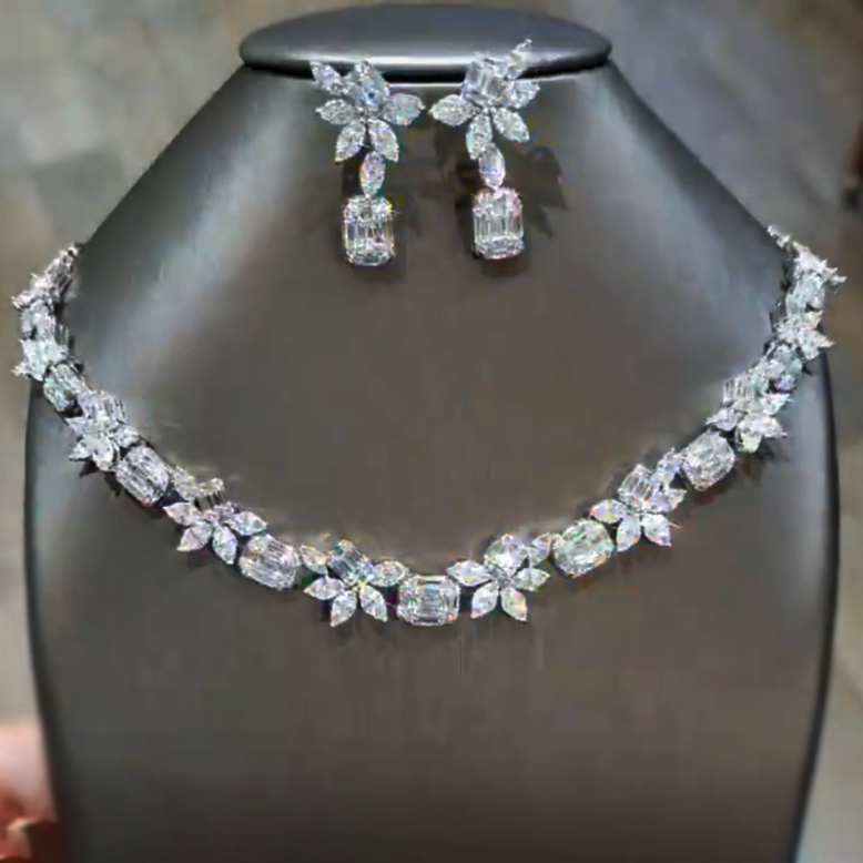 Elegant 30 ctw Multi-Cut White Gemstone Patchwork Earrings and Necklace Set -JEWELBUYS