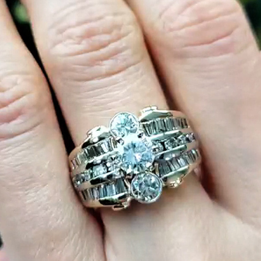 3.1Ctw Round and Baguette Cut Vintage Style White Sapphire Engagement Ring-JEWELBUYS