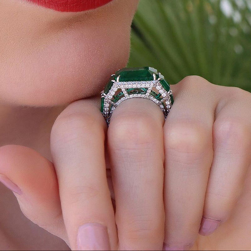 Elegant 13ct Emerald Cut Pave Green Sapphire Setting Engagement Ring-JEWELBUYS