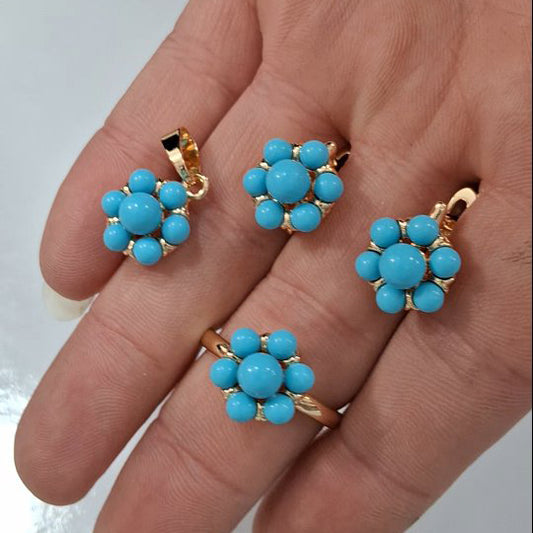 Elegant Turquoise Flower Ring, Earrings, and Pendant Set-JEWELBUYS