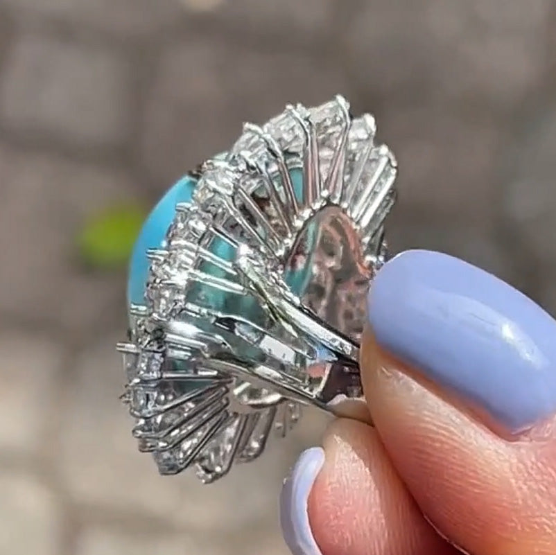 5.83Ctw Cabochon Blue Turquoise and White Sapphire Ring-JEWELBUYS