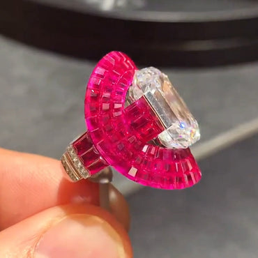 16 Ctw White Emerald Cut diamond Surrounded by Red Pavé Halo Ring - JEWELBUYS