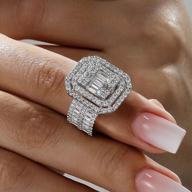 5.58ctw Radiant & Baguette Cut Wide Shank Halo Ring -JEWELBUYS
