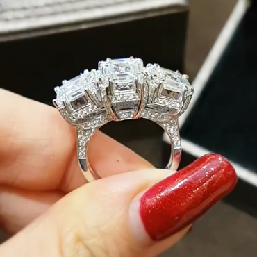 Gorgeous 14 ctw Emerald Cut White Gemstone Three Stone Engagement Ring -JEWELBUYS
