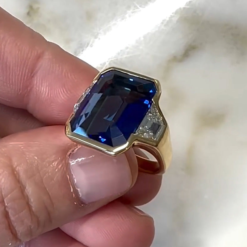 4ct Emerald Cut Blue Gemstone Three Stone Engagement Ring - JEWELBUYS