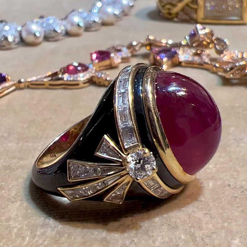 5.05Ctw Cabochon Ruby Black Hair Salon Ring-JEWELBUYS