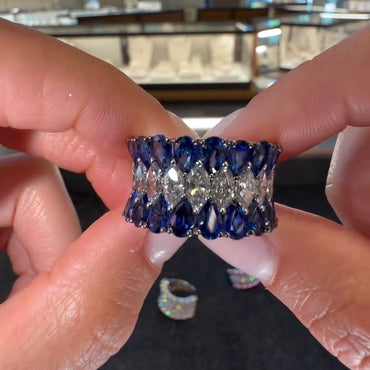 2.3Ctw Pear-shaped marquise-cut seamless ring with three rows of sapphires-JEWELBUYS