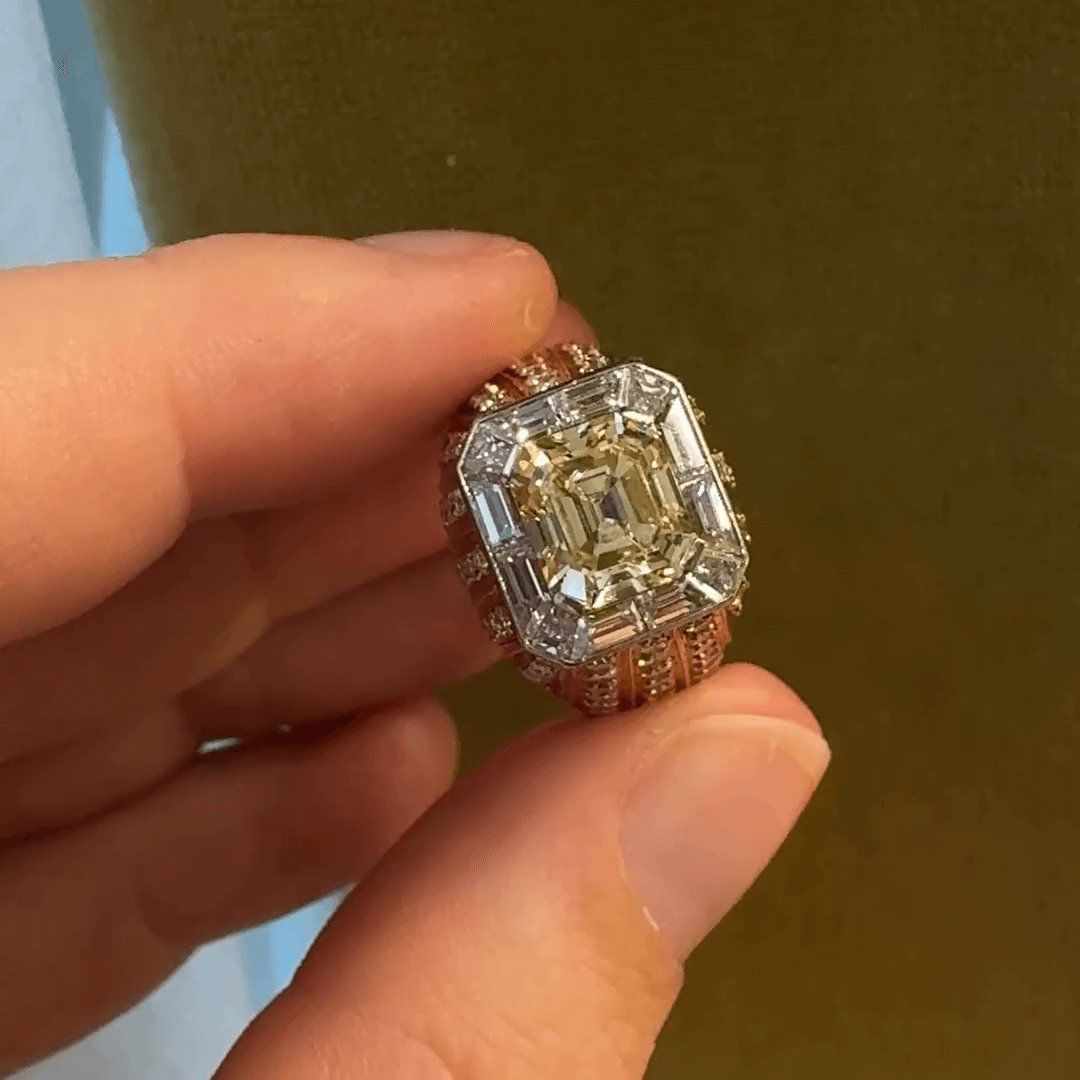 6ct Fancy Yellow Emerald Surrounded Round Cut White Sapphire Engagement Ring in Rose Gold-JEWELBUYS