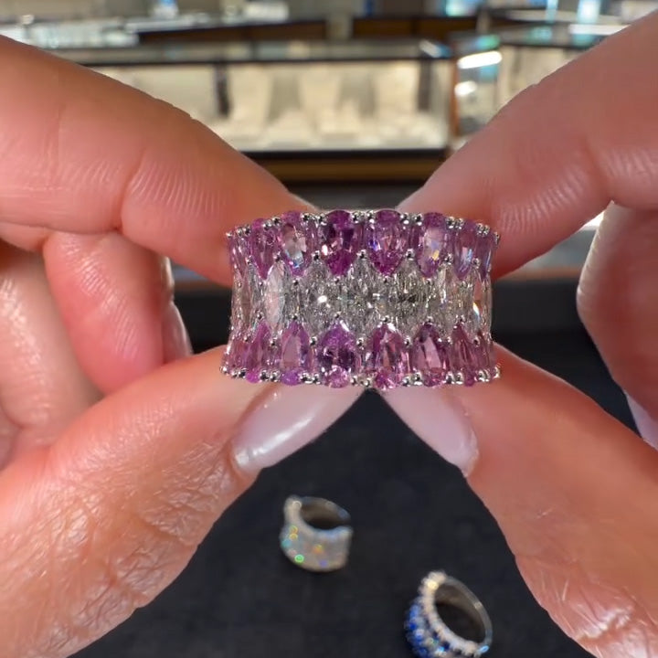 2.3Ctw Pear-shaped marquise-cut seamless ring with three rows of sapphires-JEWELBUYS