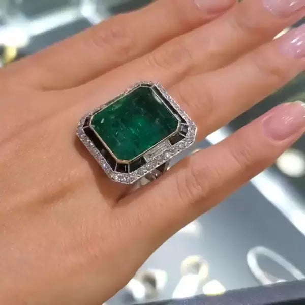 Vintage 10ctw Emerald Cut Emerald Sided Round Cut White & Black Sapphire Ring-JEWELBUYS
